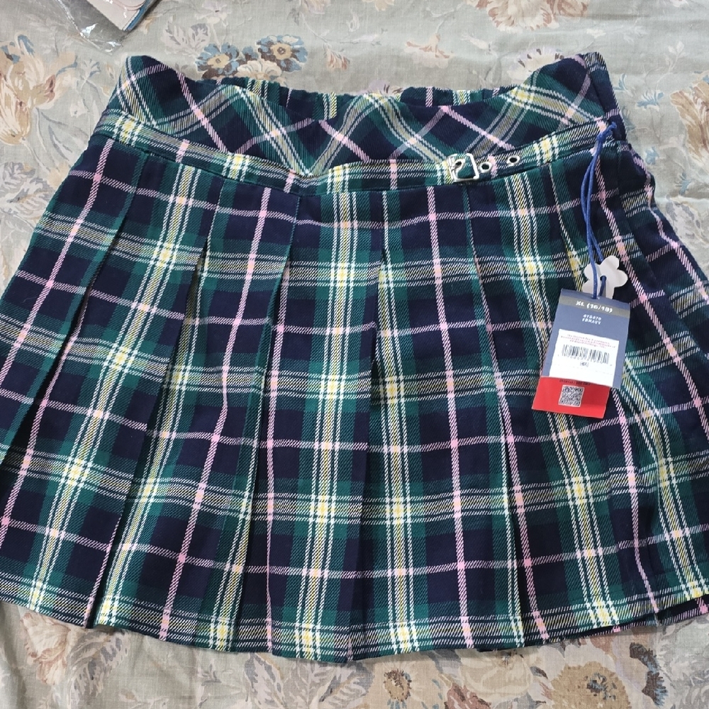 Limited Too Green and Navy Plaid Pleated Skort with Pink and Yellow Accents